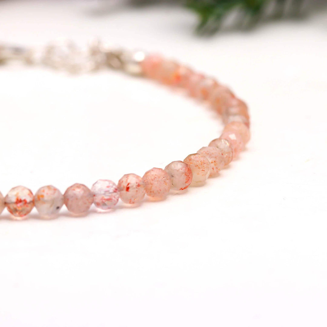 Natural Sunstone Handmade Bracelet, Faceted Red Sunstone Beaded Bracelet, Fancy Silver Gemstone Anklet for Girls, Gift for Valentines