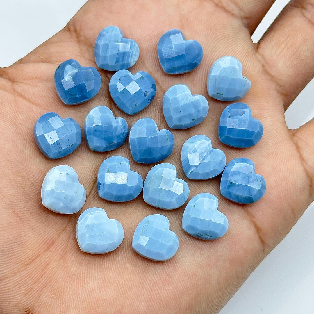 Blue Opal Heart Briolette Beads: Hand Carved Faceted Gemstone, 12mm
