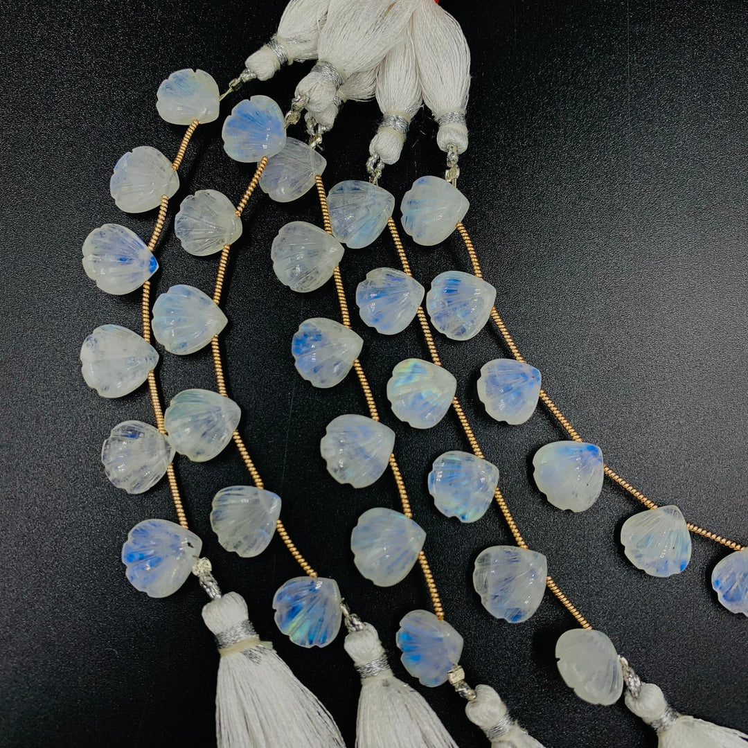 Natural Rainbow Moonstone Sea Shell Shape Gemstone, Flashy Rainbow Shell Beads For Jewelry Making, 12MM Carved Blue Fire Rainbow Moonstone