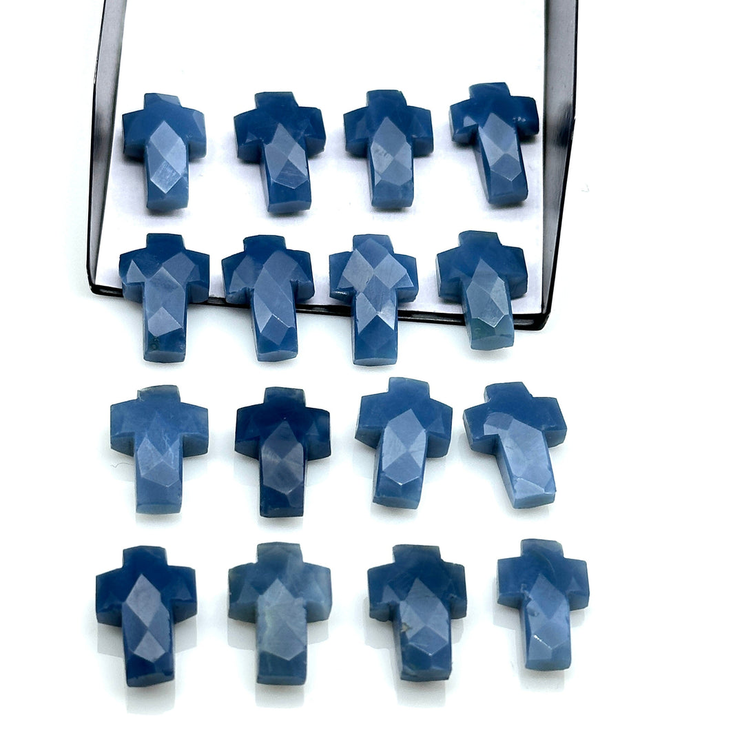 Faceted Blue Opal Cross Beads: Natural Gemstone Charms (15mm)