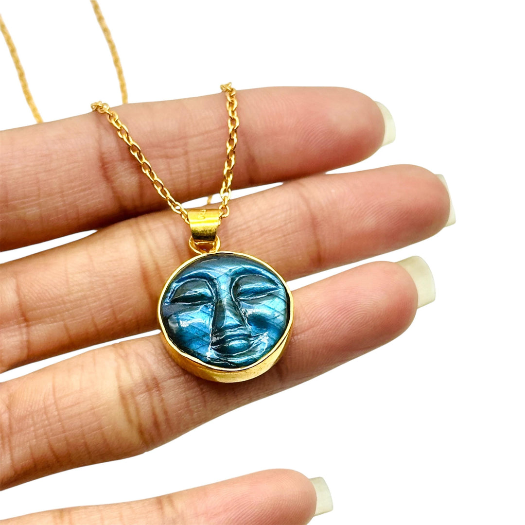 Flashy Carved Labradorite Face Pendant, AAA Natural Labradorite Chakra Necklace For Her, 18 mm Face Charm, Birthday Gift For Women's