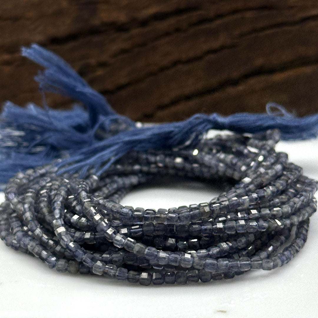 Natural Iolite Box Shape Beads, 3 MM Blue Iolite Gemstone Beads, 13 Inches Iolite Cube Shape Faceted Loose Beads Strand for Jewelry Making