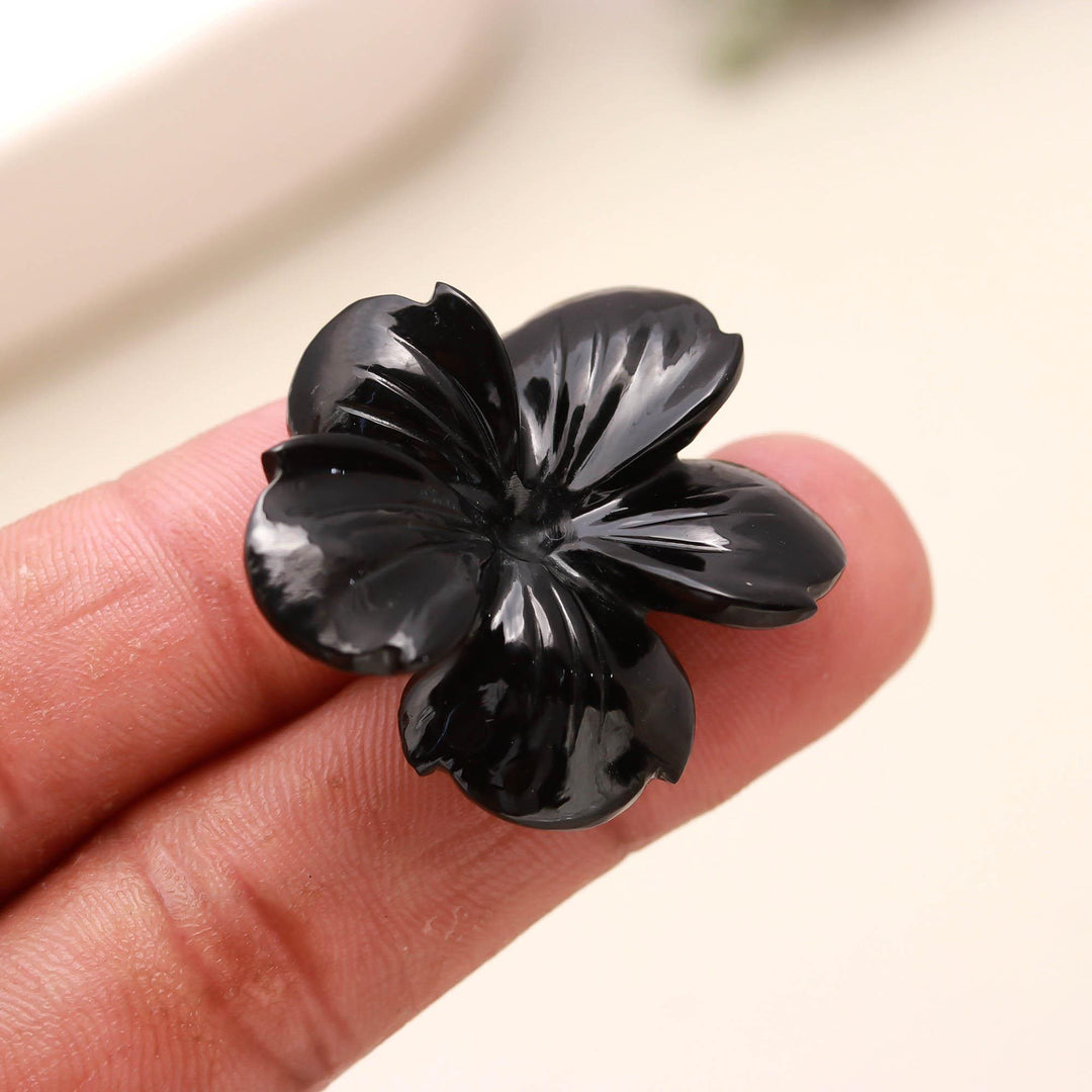 Natural Black Onyx Carved Flower Shape Stone, Black Onyx Handmade Flower Carving, 36 MM Beautiful Crafted Piece