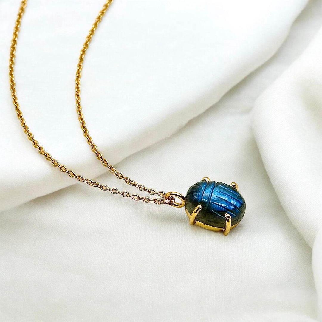 Flashy Labradorite Carved Scarab Necklace, Natural Labradorite Hand Gemstone Necklace, Sterling Silver Necklace, 16 MM Scarab, Gift For Her