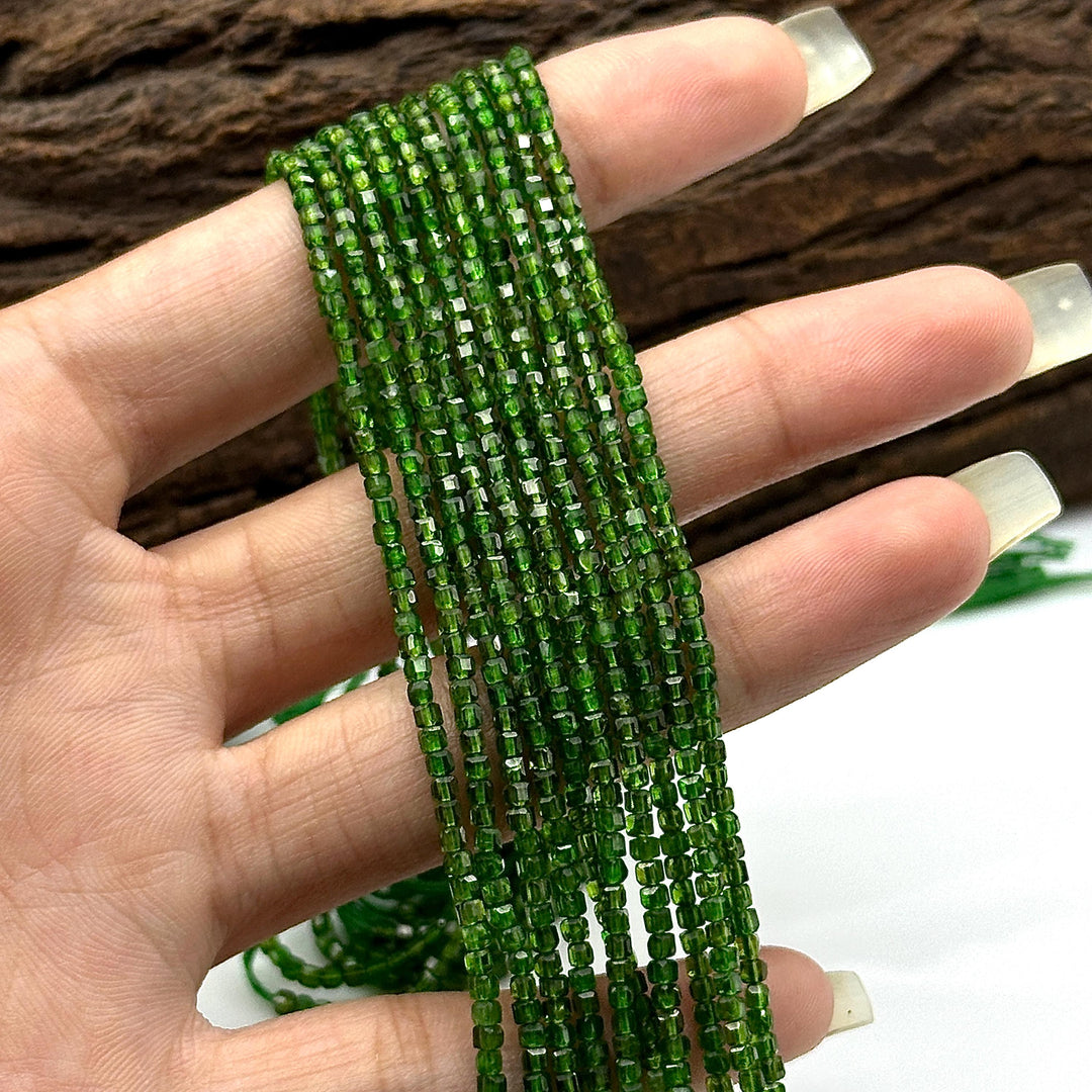 Natural Chrome Diopside Box Shape Beads, Dark Green Chrome Gemstone Beads, 2 MM Cube Shape Faceted Beads for Jewelry Making, 13 Inch Strand