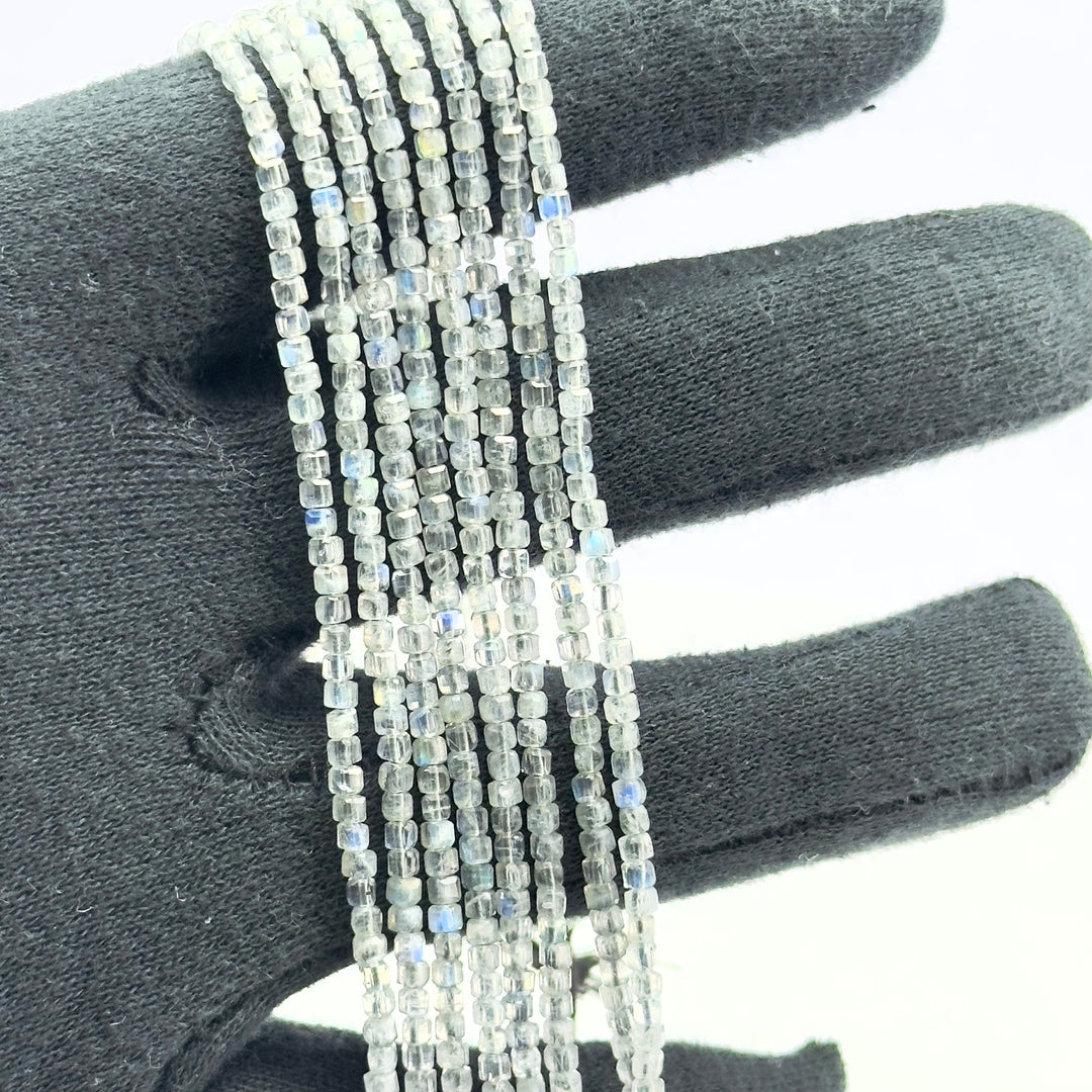 Labradorite Gemstone Beads: 2mm Faceted Cube, Blue Fire, 13 Inch Strand
