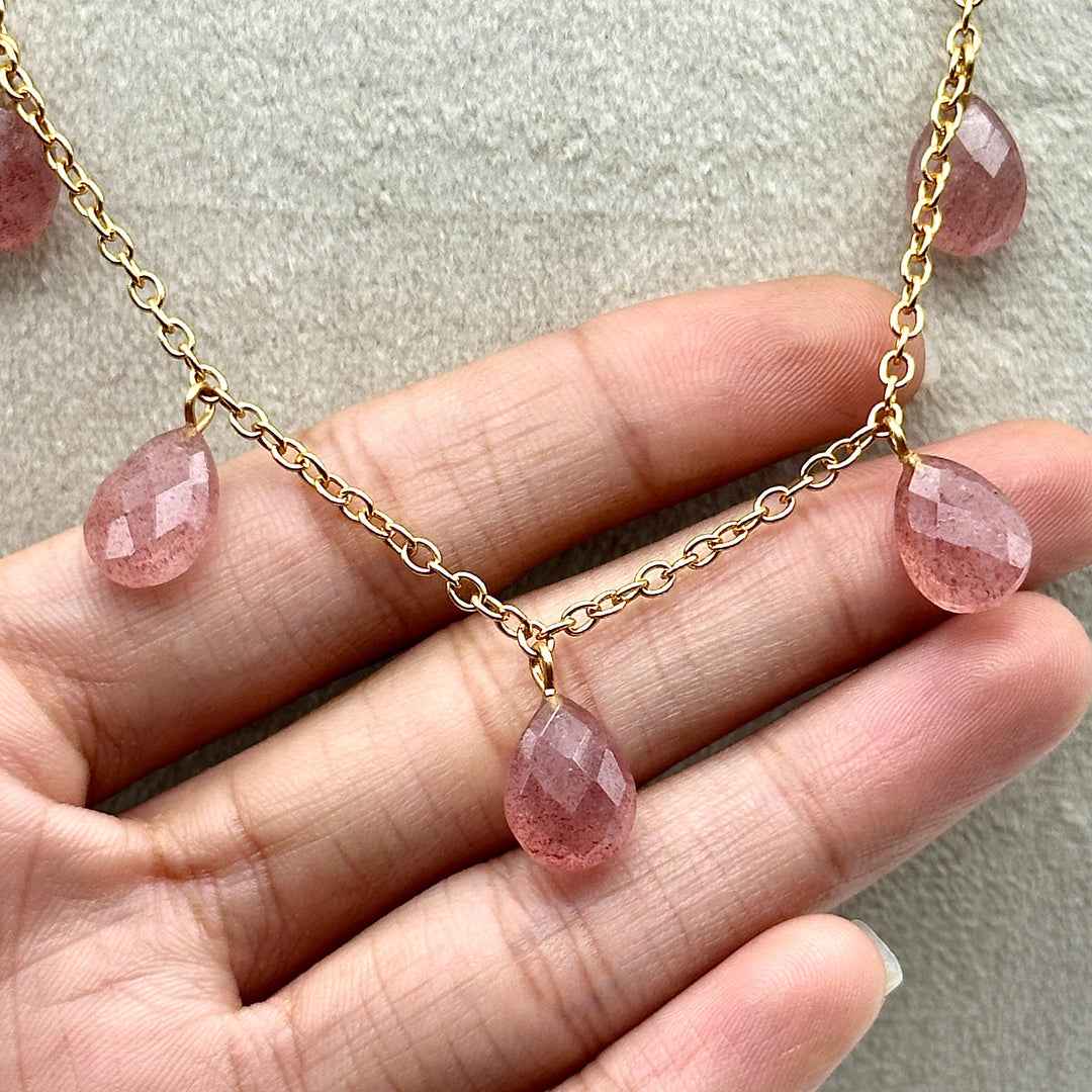 Amazing Pink Strawberry Pear Shape Beads Necklace, Faceted Drop Chain Necklace, Natural Gemstone Chain Jewelry, Necklace For Women's