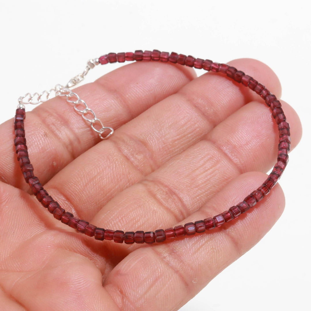 Natural Garnet Box Beads Bracelet, Faceted Box Shape Beads Bracelet, 925 Sterling Silver, January Birthstone Gifts