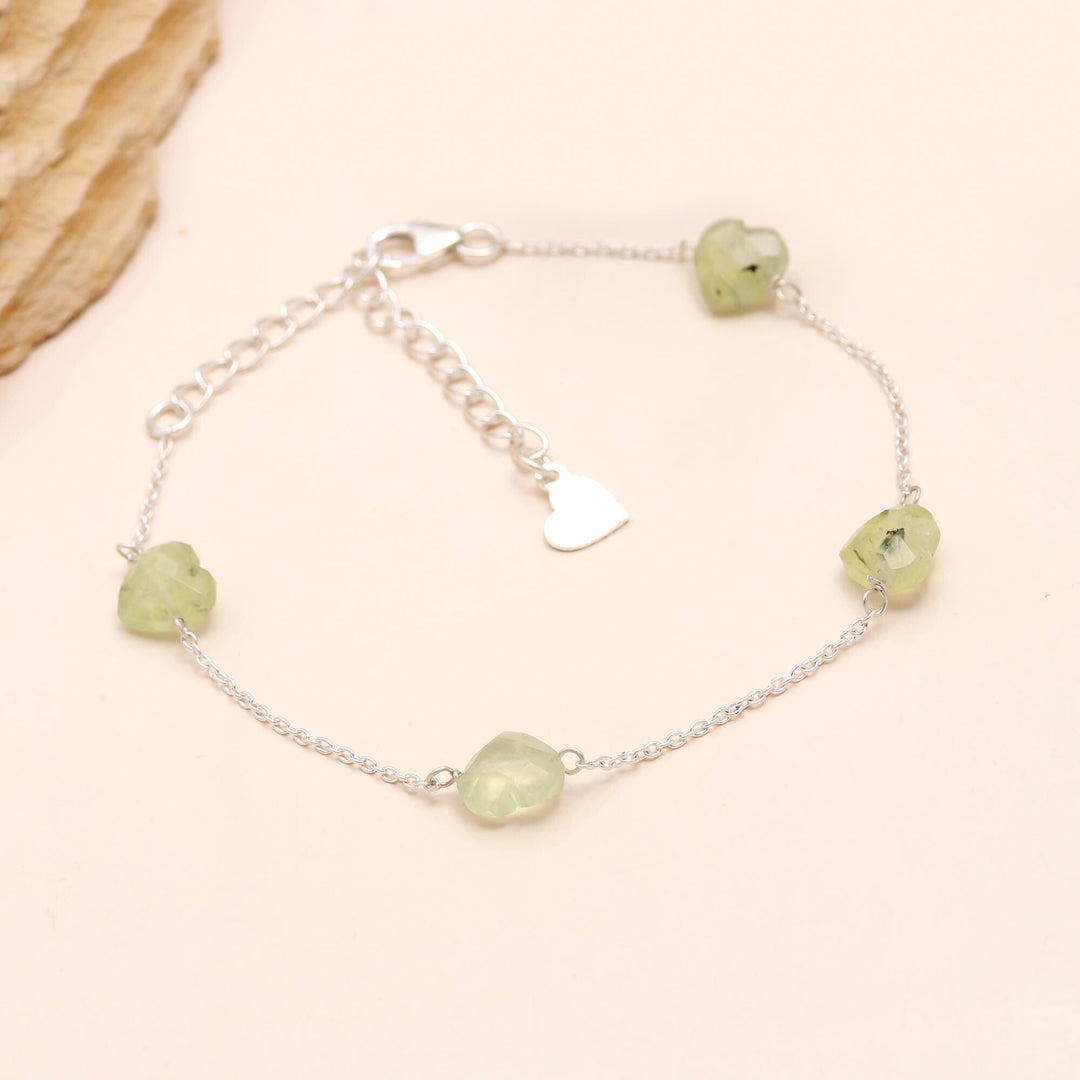 Natural Prehnite Bracelet, Green Prehnite Faceted Heart Beads Bracelet, Women's Gift Chain Bracelet, 925 Silver Jewelry, Girls Anklets