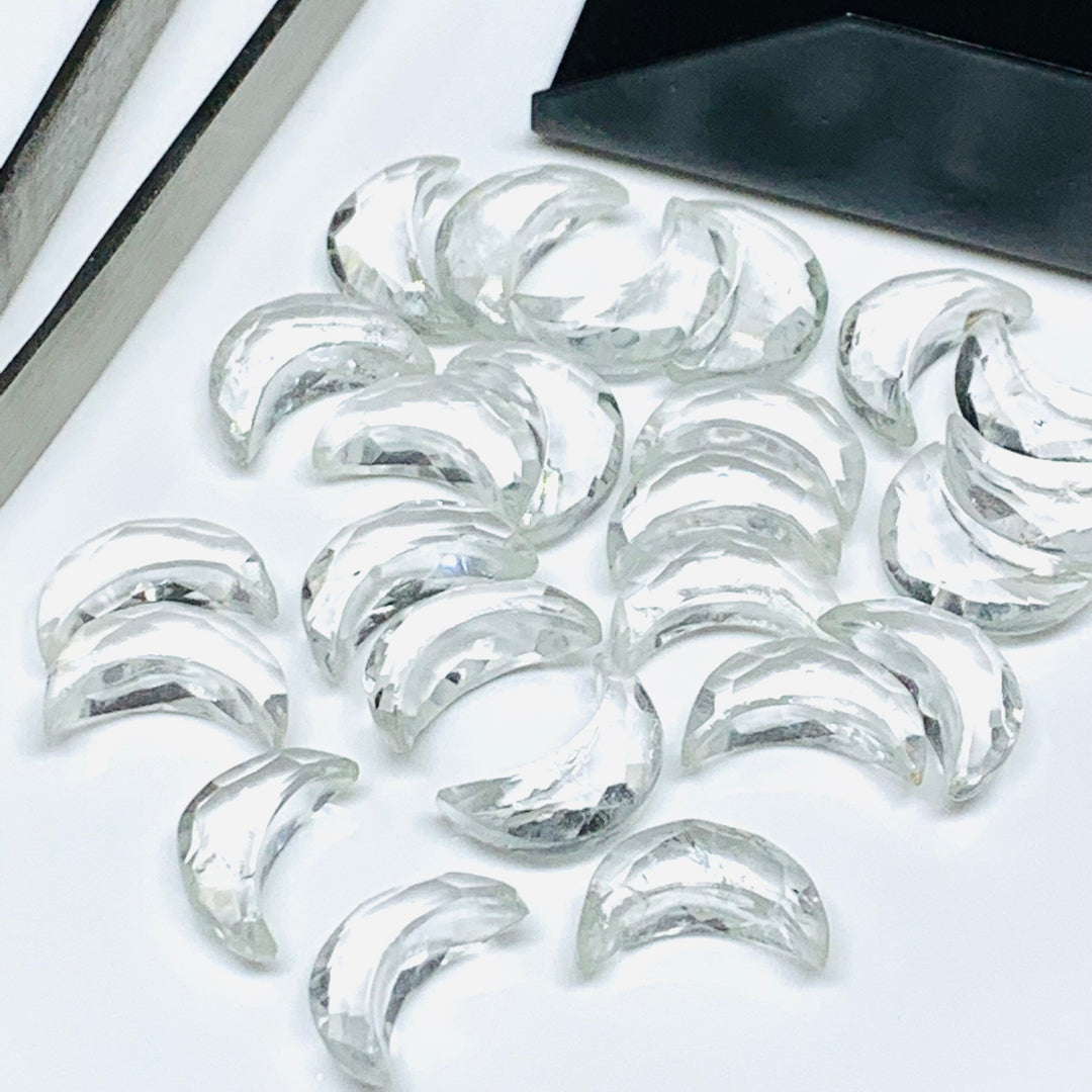 Faceted Crystal Quartz Moon Beads: Carved Gemstone Celestials (12mm)