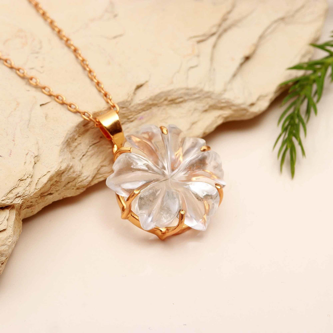 Amazing Carved Natural Crystal Flower Pendant, Goddess Energy Crystal Necklace For Her, 19 mm Crystal Quartz Flower, Birthday Gift For Women