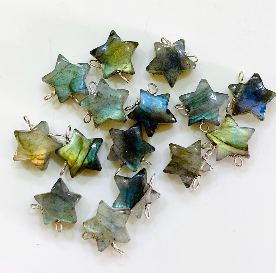 AAA Natural Labradorite Stars Shape Beads, Hand Carved Smooth Star Charms, Silver Labradorite Charm for Jewelry Making, 10 MM Silver Charms