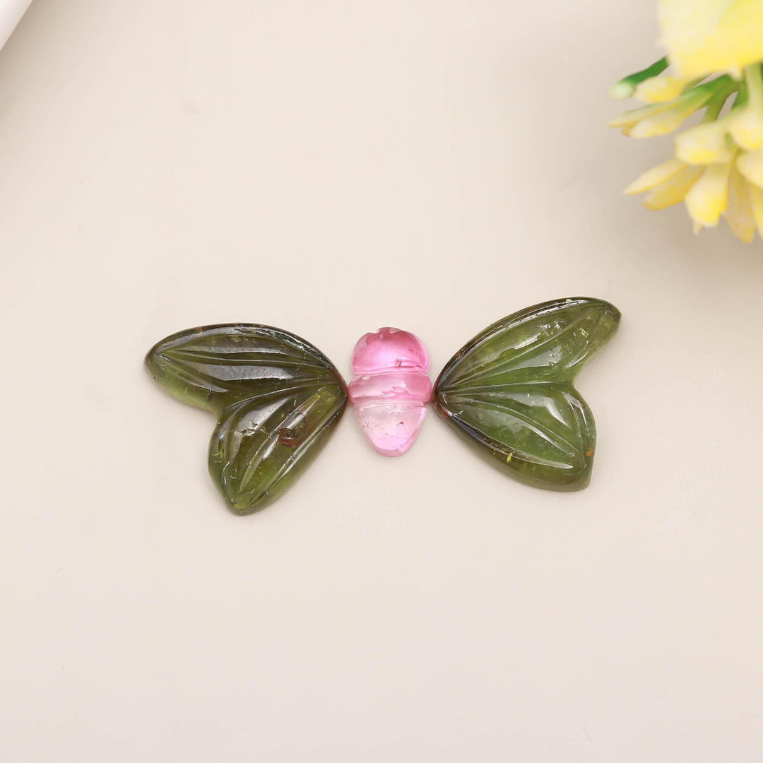 Carved Tourmaline Butterfly Stone: Green & Pink Healing Crystal (15-10 MM, 3 Stones)