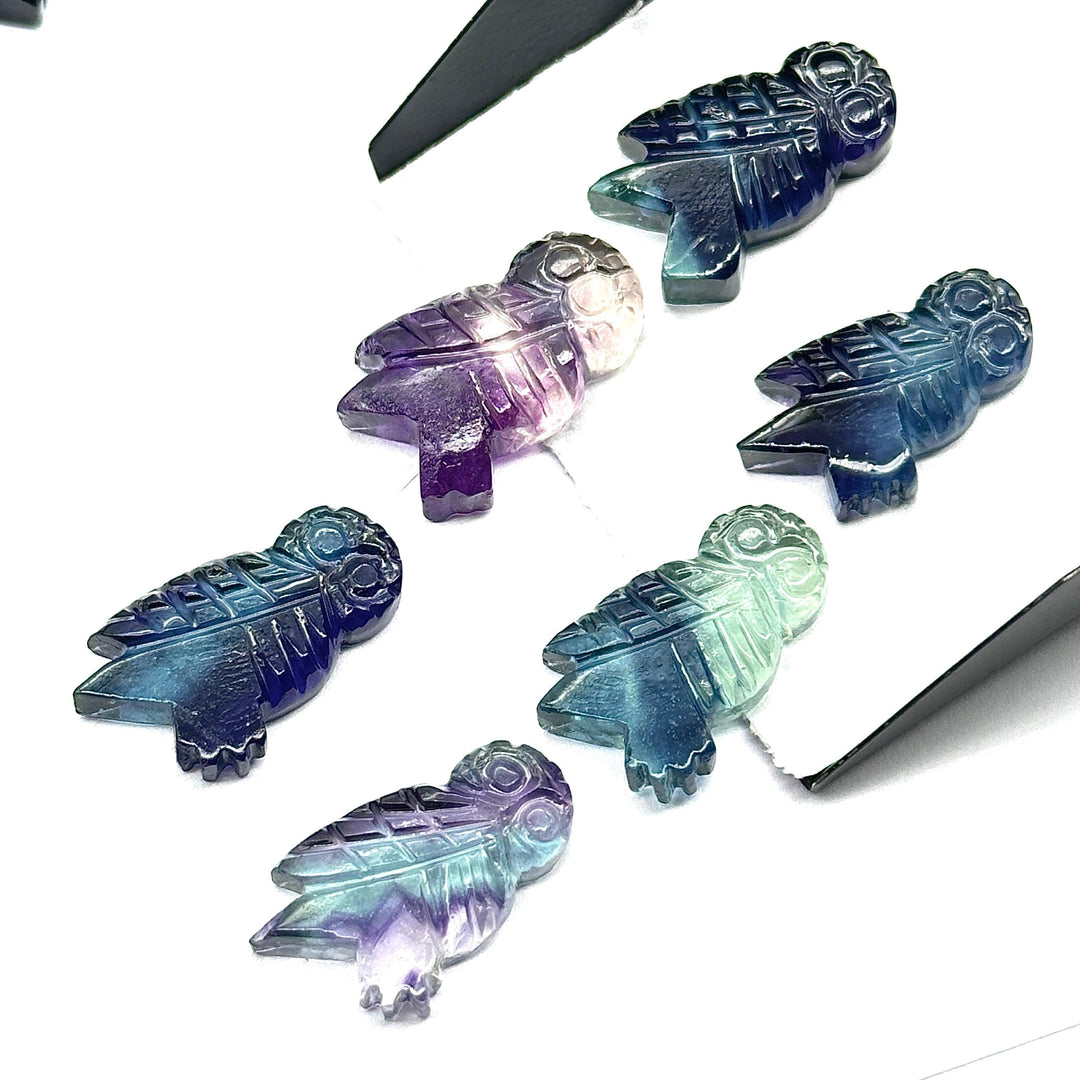 Carved Multi Fluorite Owl Shape Gemstones, Hand Carved Owl Shape Gemstone, Natural Fluorite Owl Shape Charms, 20 MM Bird Charm Carvings