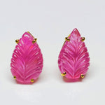 Load image into Gallery viewer, Ruby glass field leaf Shape Carved Gemstone 18 ct gold earrings With Gemstone, Gold Earrings 16 mm