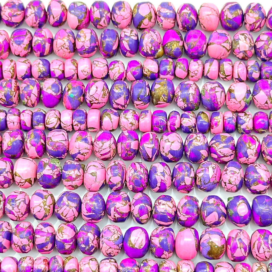Purple Pink Copper Turquoise Beads, Copper Tuquoise Smooth Rondelle Beads, 8-10 mm, 4 Inch Line, Wholesale Beads, Jewelry Making Beads