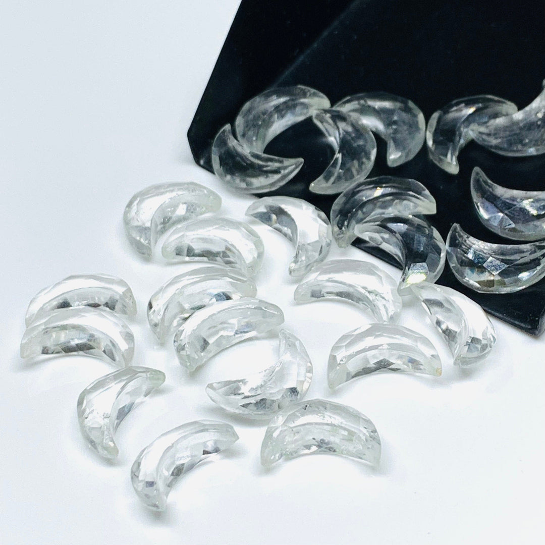 Faceted Crystal Quartz Moon Beads: Carved Gemstone Celestials (12mm)