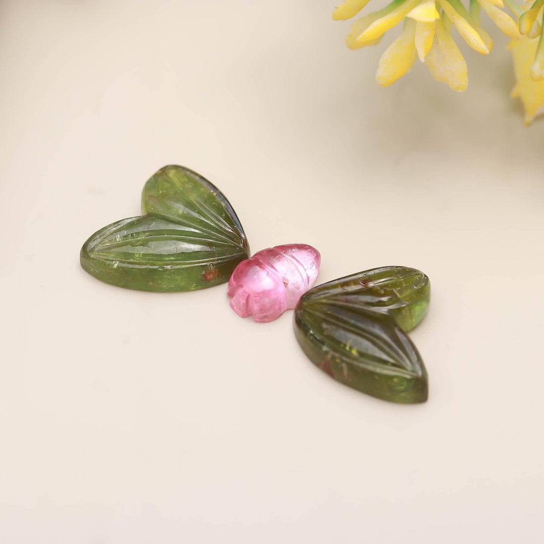 Carved Tourmaline Butterfly Stone: Green & Pink Healing Crystal (15-10 MM, 3 Stones)