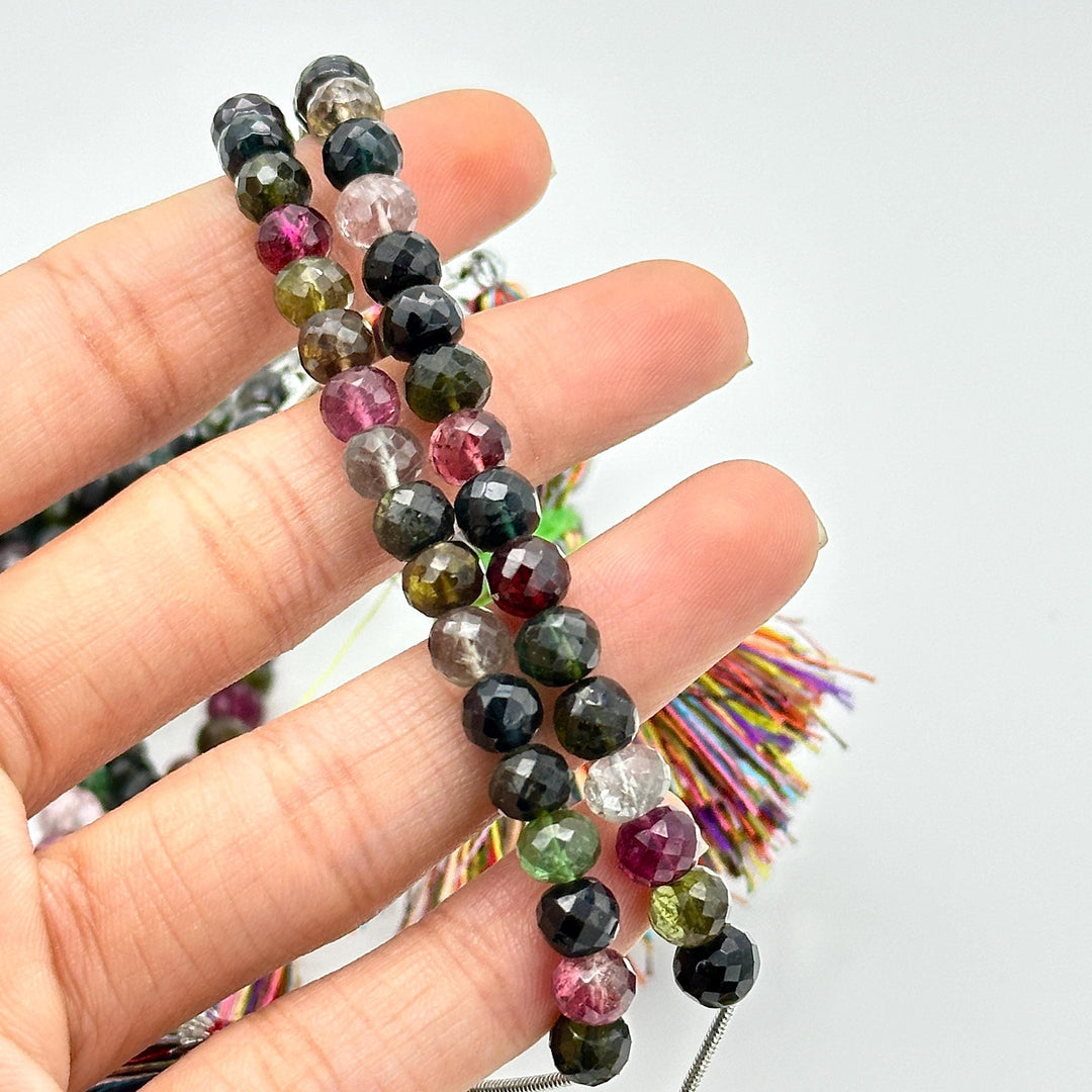 Dark Tourmaline Faceted Round Beads, Natural Multi Tourmaline Faceted Beads, 6 - 6.5 MM Mix Tourmaline Beads For Jewelry, 4 Inch Strand