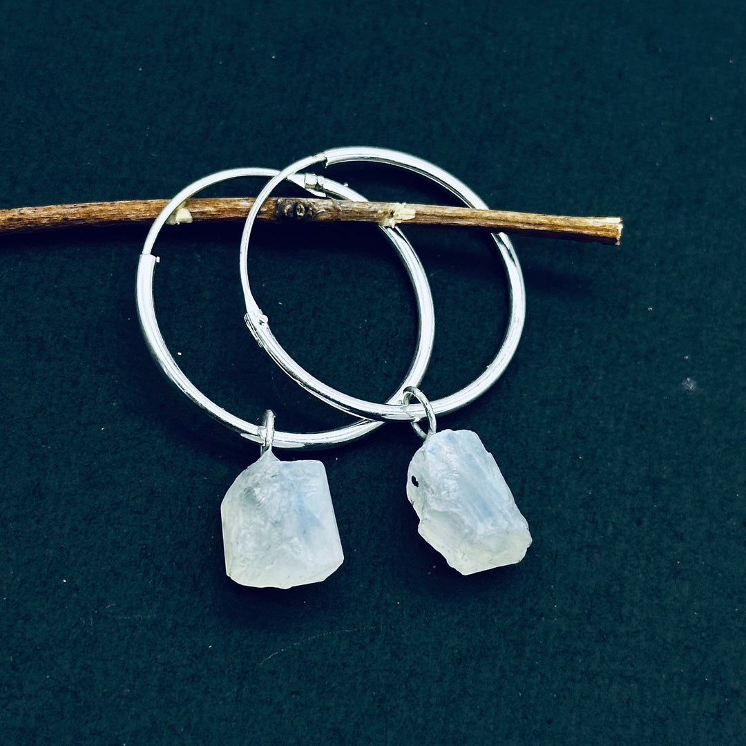 Flashy Rainbow Moonstone Hoop Earings, Natural Rough Rainbow Moonstone Earrings, Raw Gemstone Earrings, Large Hoop Earrings For Gift