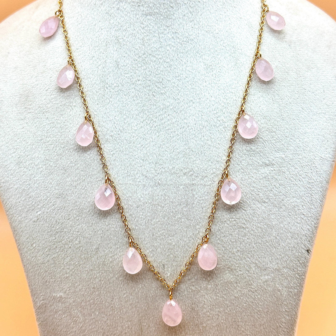 Natural Rose Quartz Pear Beads Necklace, Faceted Drop Chain Necklace, Natural Gemstone Chain Jewelry, Meditation & Healing Beads Necklace