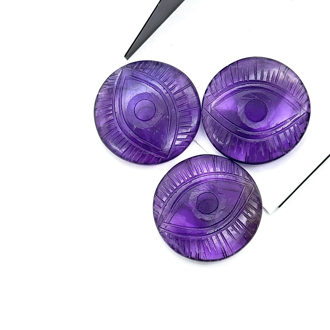 Purple Amethyst Evil Eye Shape Gemstone, Natural Amethyst Hand Carved Stones, 28 MM, Round Evil Eye Carving, Unique Amethyst Carvings