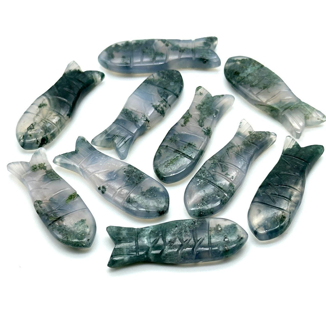 Natural Moss Agate Handmade Fish Carving, Fish Shape Carved Gemstone Briolette's, Chakra Healing Fish Beads, 10X30 MM Green Gemstone Fishes