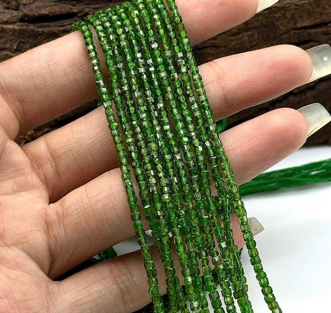 Natural Chrome Diopside Box Shape Beads, Dark Green Chrome Gemstone Beads, 2 MM Cube Shape Faceted Beads for Jewelry Making, 13 Inch Strand