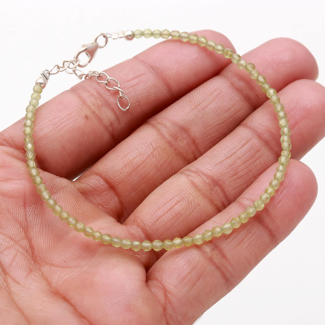 Natural Peridot Beaded Bracelet, Green Peridot Faceted Round Beads Bracelet, Gift for Her, 2 MM Beads Bracelet, 925 Silver Bracelet for Her