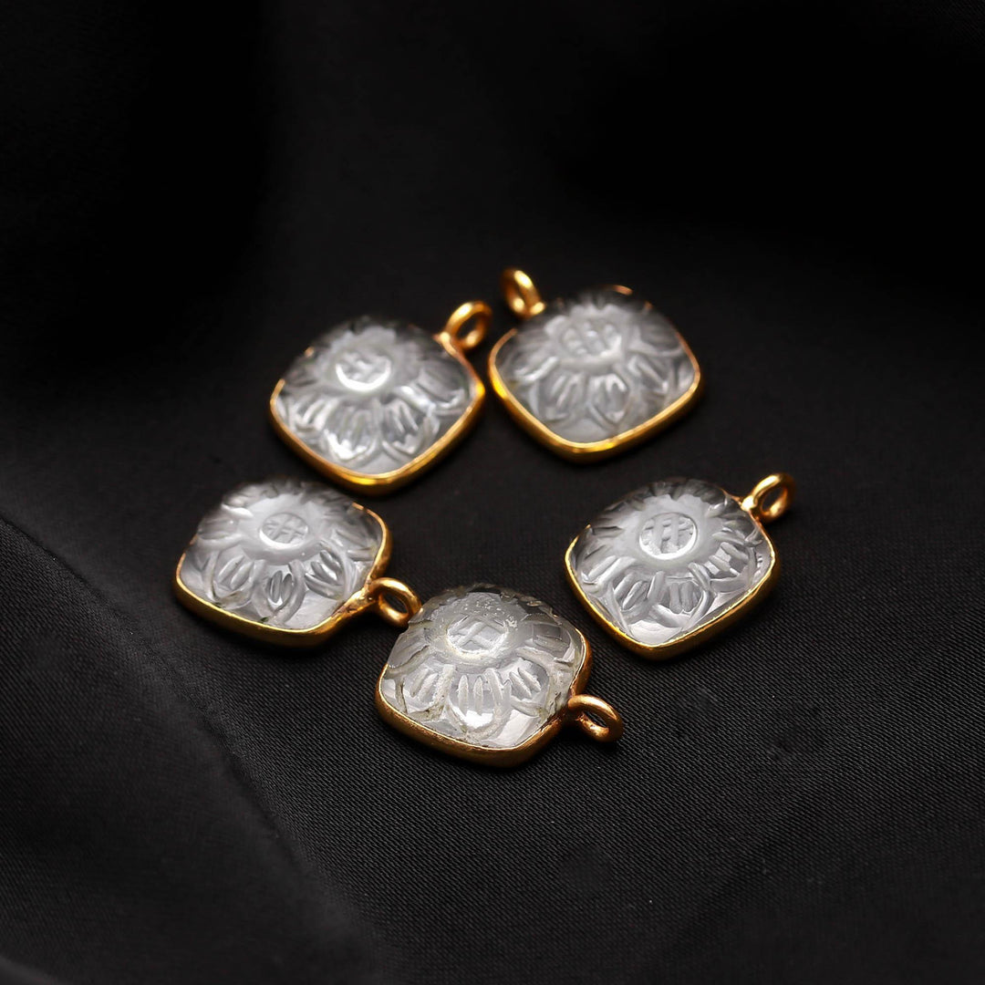 Natural Crystal Quartz Flower Pendant 17mm, 925 Sterling Silver Gold Plated Square Shape Charms for DIY Jewelry