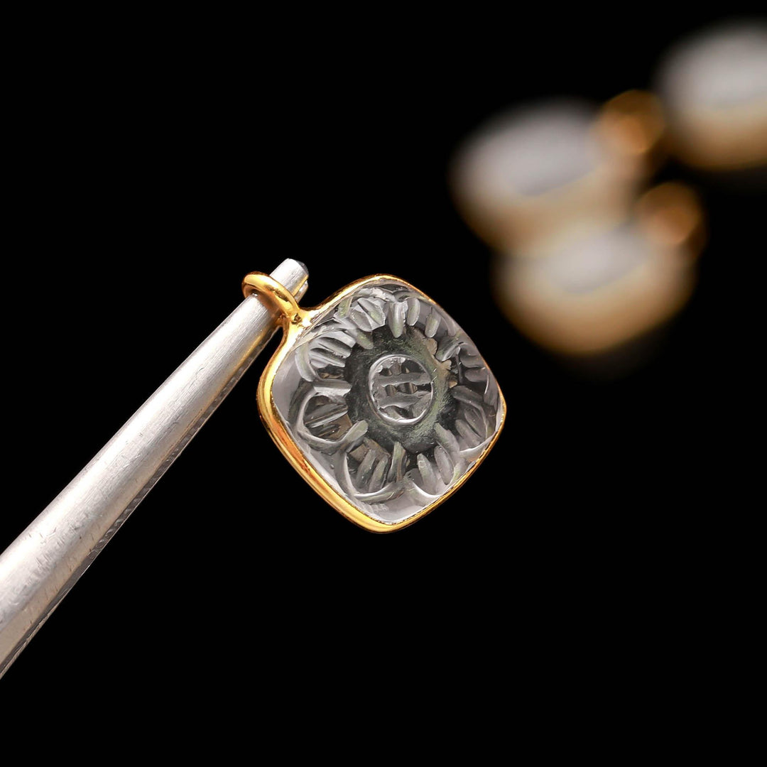 Natural Crystal Quartz Flower Pendant 17mm, 925 Sterling Silver Gold Plated Square Shape Charms for DIY Jewelry