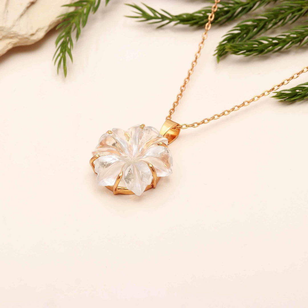 Amazing Carved Natural Crystal Flower Pendant, Goddess Energy Crystal Necklace For Her, 19 mm Crystal Quartz Flower, Birthday Gift For Women