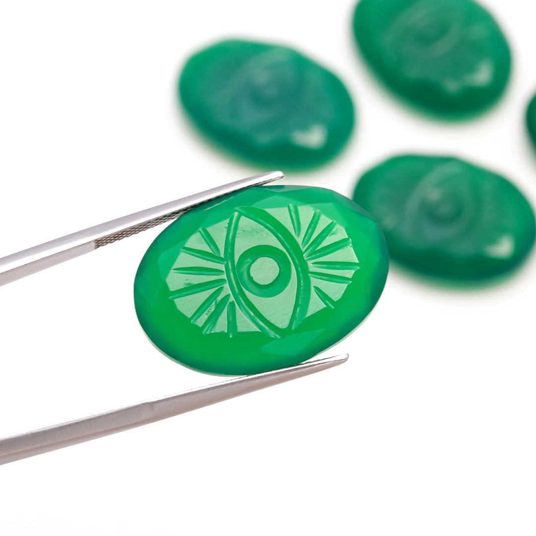 Natural Green Onyx Evil Eye Shape Gemstone, Onyx Evil Eye Hand Carved Stone Beads For Jewelry Making, 25 MM Carved Evil Stone