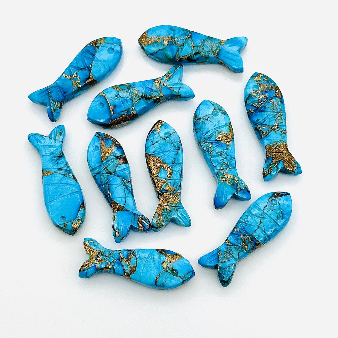 Carved Copper Turquoise Fish Charm: Blue Briolette Bead, 25mm