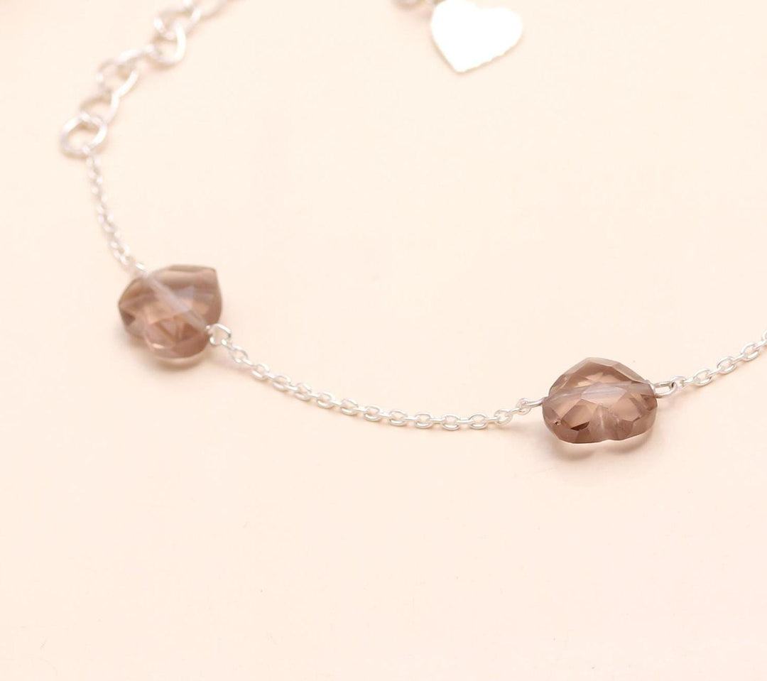 Natural Smokey Quartz Heart Shape Beads Bracelet, Brown Quartz Heart Beads Bracelet, Girl's Gift Chain Bracelet, 925 Silver Gift for Her