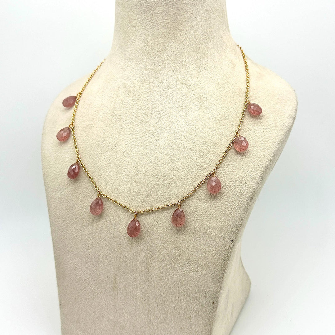 Amazing Pink Strawberry Pear Shape Beads Necklace, Faceted Drop Chain Necklace, Natural Gemstone Chain Jewelry, Necklace For Women's