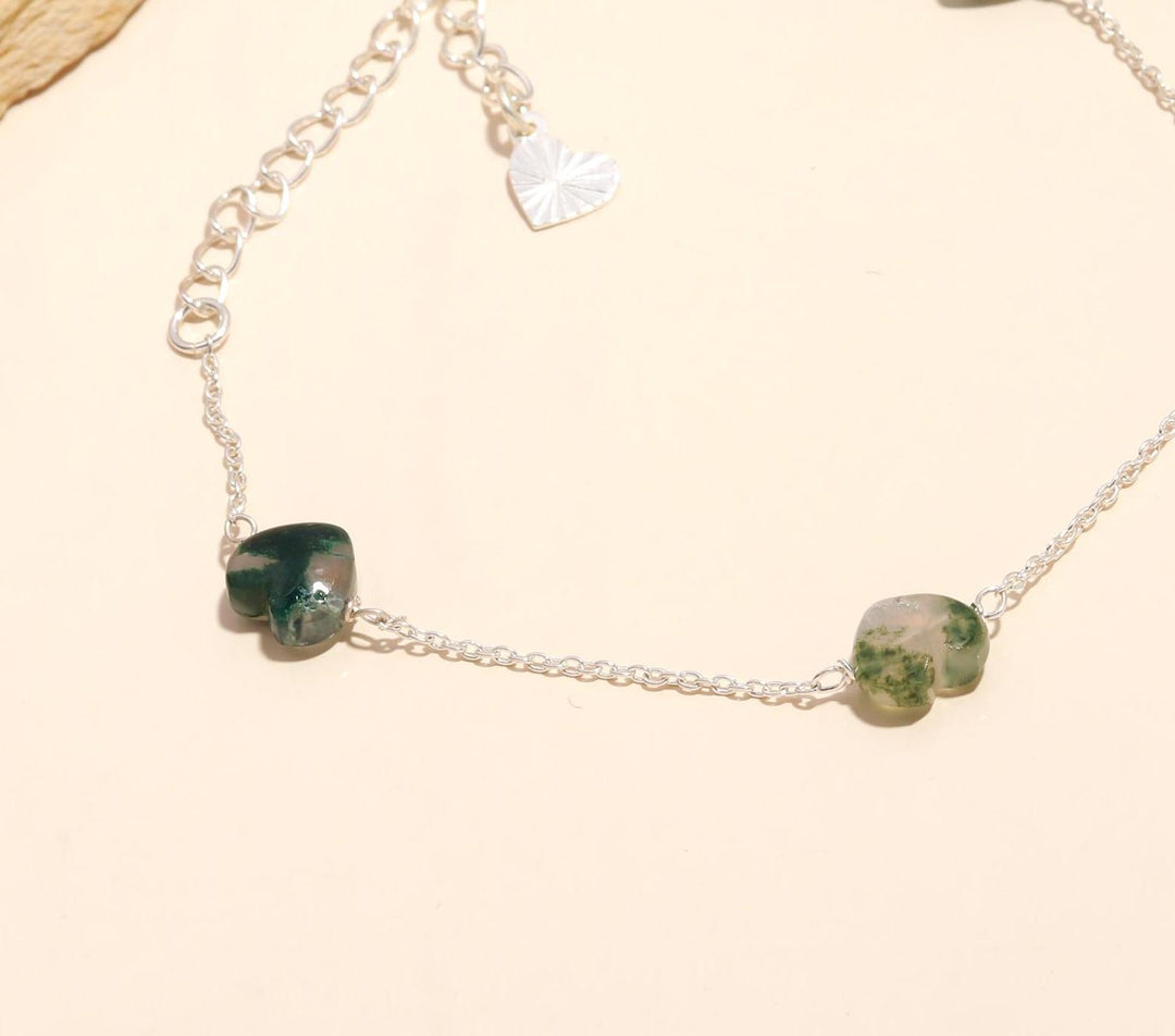Natural Moss Agate Heart Beads Bracelet, Tree Agate Shape Heart Beads Bracelet, Girl's Gift Chain Bracelet, 925 Silver Gift for Her