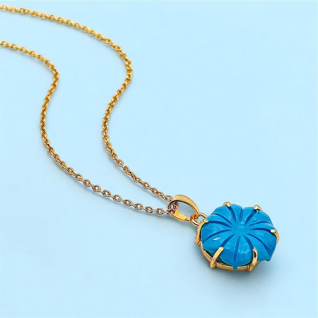 AAA Blue Turquoise Flower Pendant, Turquoise Hand Carved Flower Necklace, Flower Gemstone Necklace For Her, 17 mm Flower, Bridesmaid Gifts