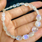 AAA+ Rainbow Moonstone Beads Bracelet, Smooth Oval Shape Handmade Bracelet, Blue Fire Gemstone Jewelry, Silver Bracelet Best Gift For Her