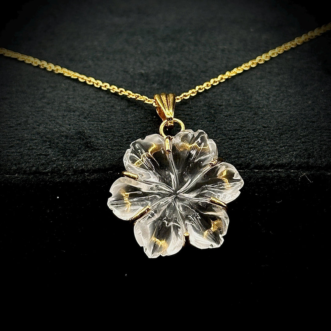Amazing Carved Natural Crystal Flower Pendant, Goddess Energy Crystal Necklace For Her, 19 mm Crystal Quartz Flower, Birthday Gift For Women