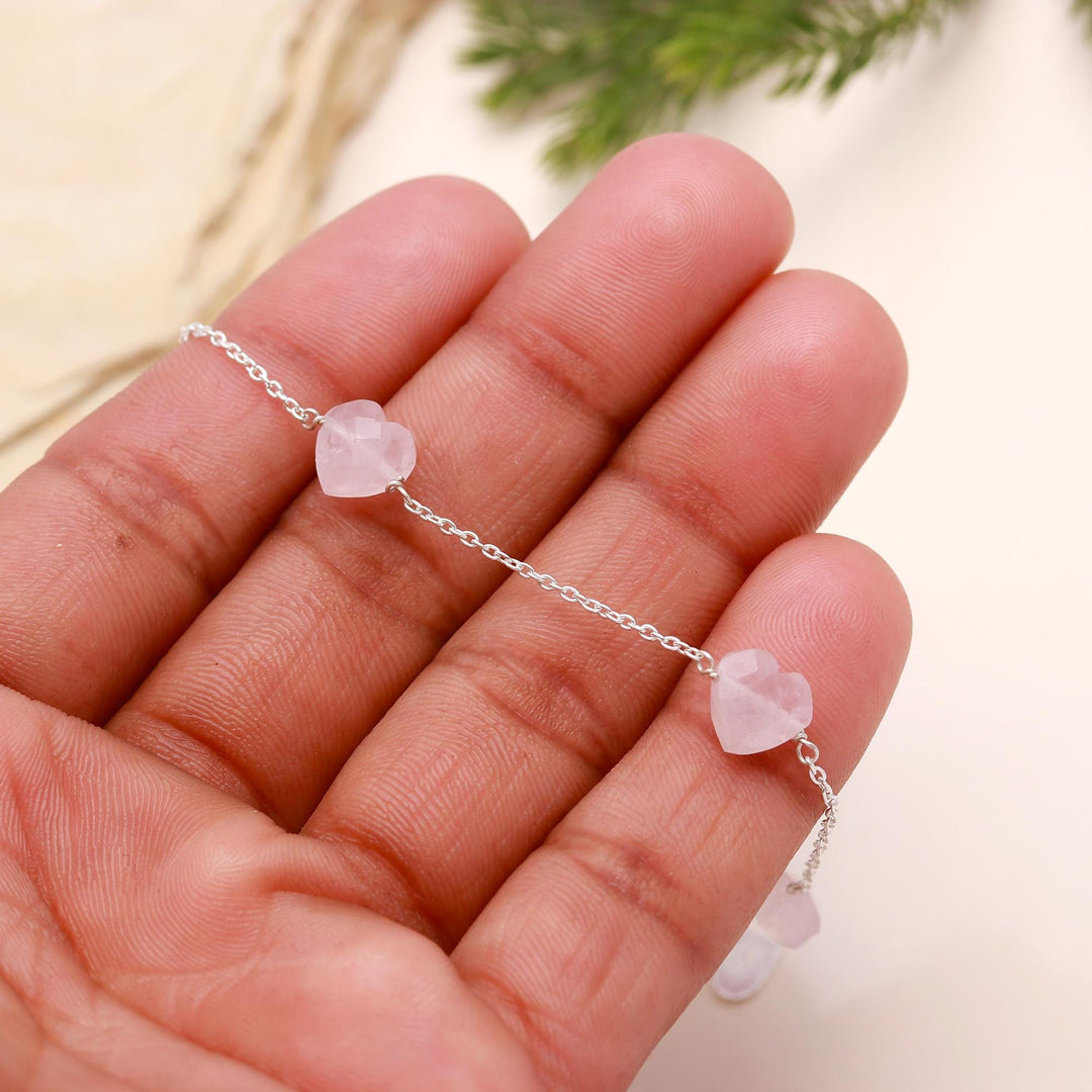Rose Quartz Heart Bracelet: 925 Sterling Silver Chain, Handmade