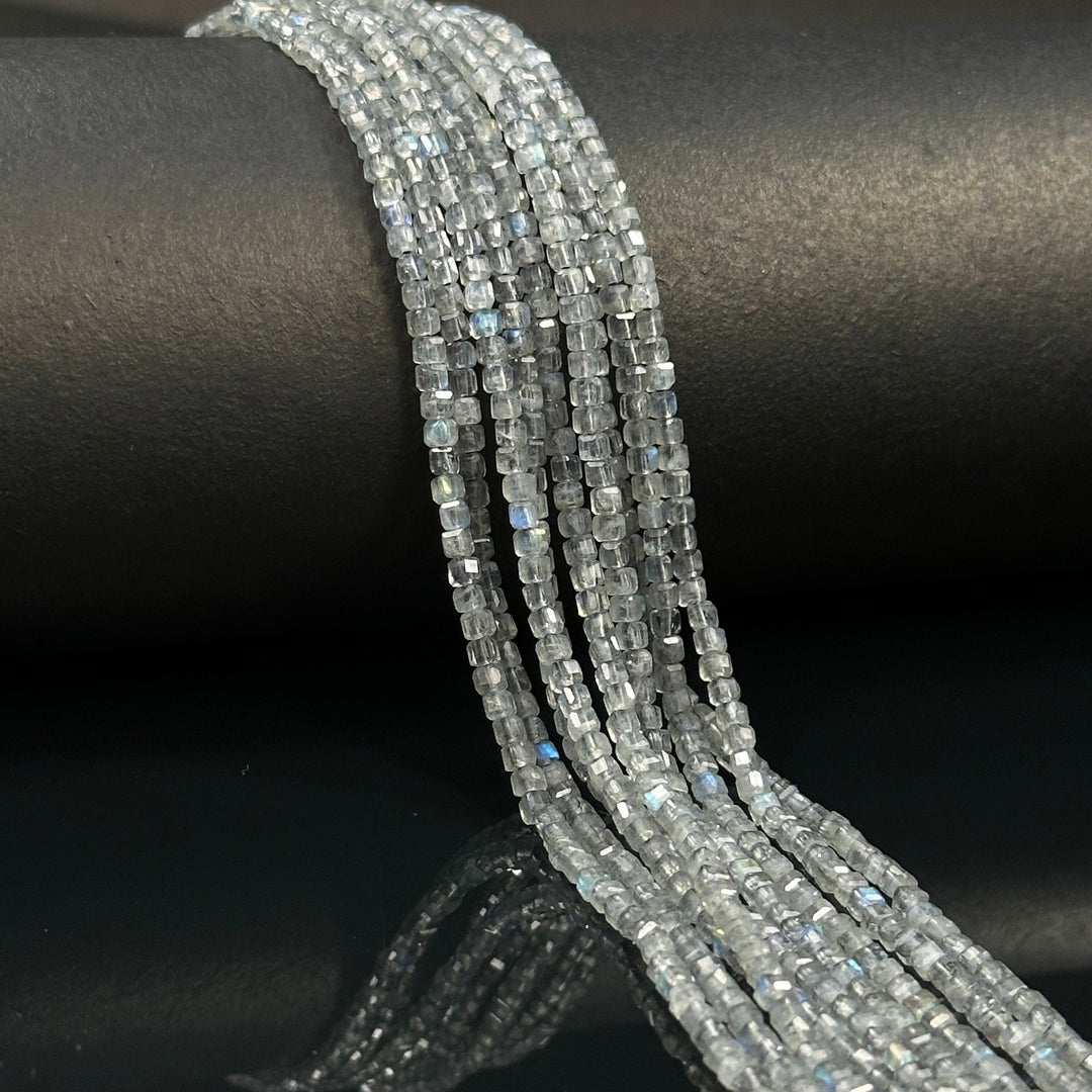 Labradorite Gemstone Beads: 2mm Faceted Cube, Blue Fire, 13 Inch Strand