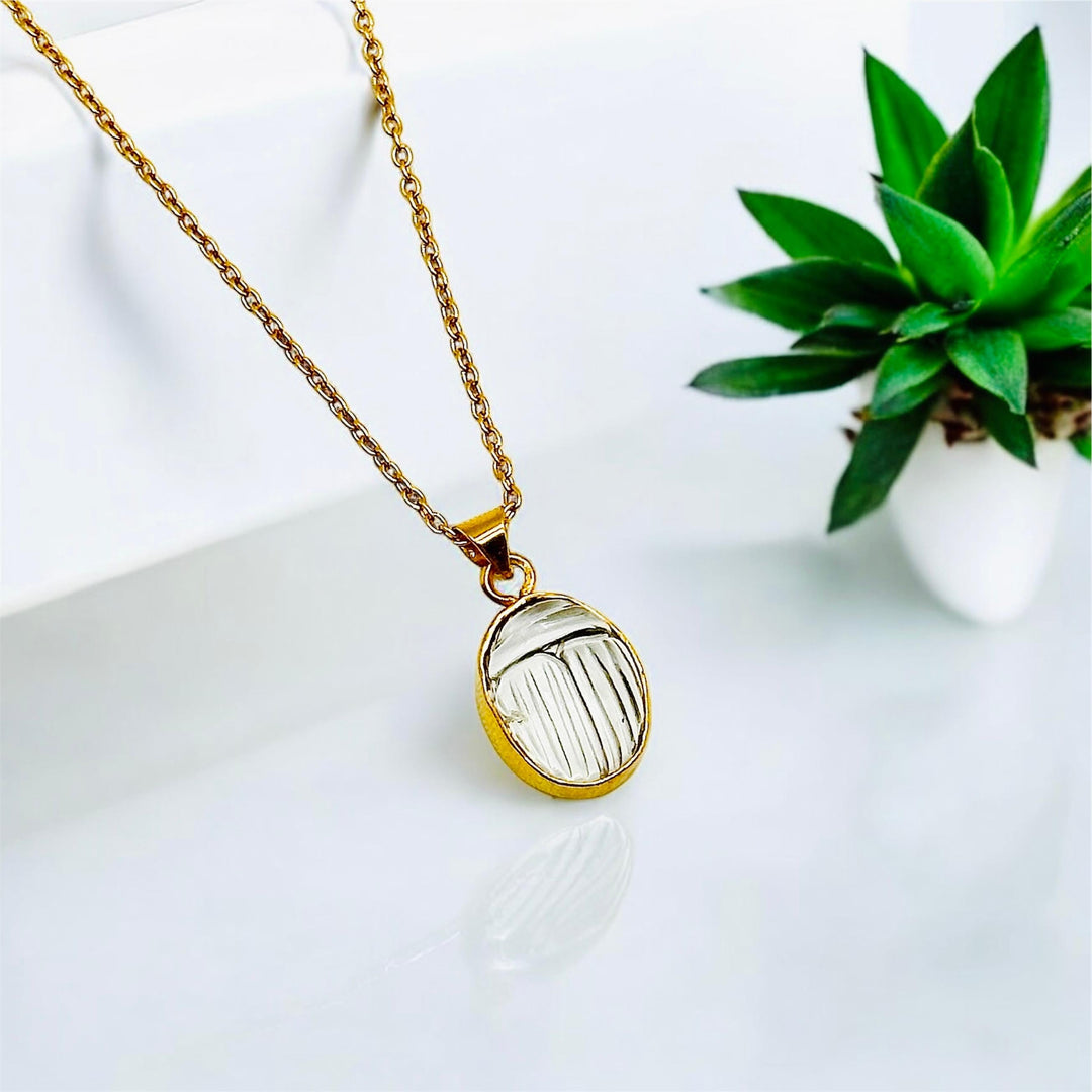 Dainty Crystal Quartz Carved Scarab Necklace, Natural Crystal Quartz Gemstone Necklace, Sterling Silver Necklace, 16 MM Scarab, Gift For Her