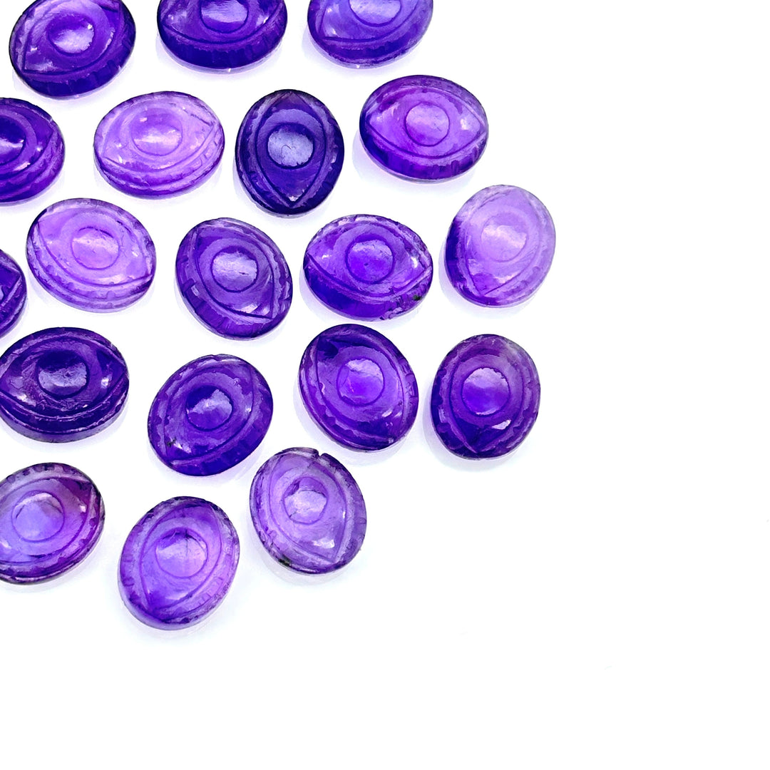 Natural Amethyst Evil Eye Beads, Hand Carved Gemstone Beads, Loose Oval Eye Beads, Evil Eye Charm Beads, Loose Carving Beads 10X12 MM
