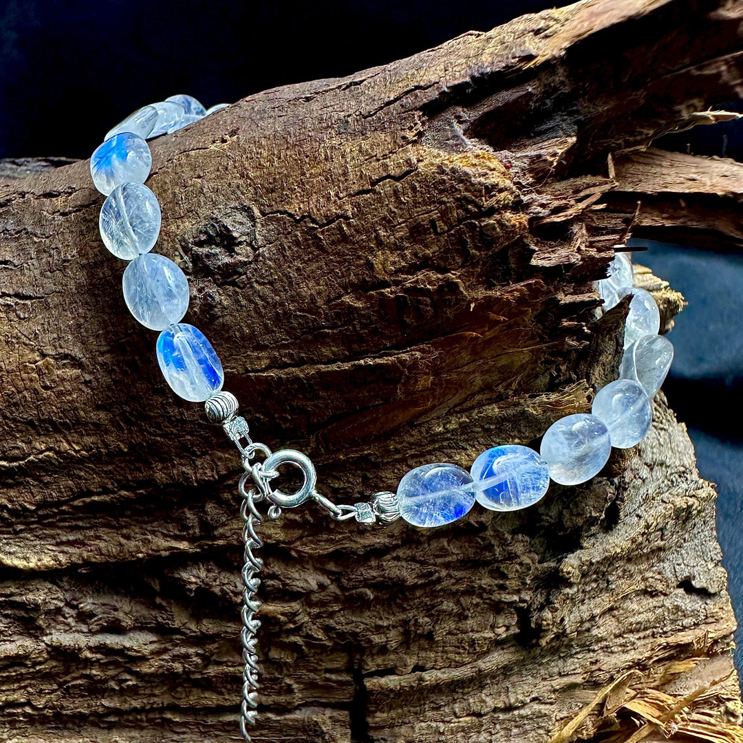 AAA+ Rainbow Moonstone Beads Bracelet, Smooth Oval Shape Handmade Bracelet, Blue Fire Gemstone Jewelry, Silver Bracelet Best Gift For Her