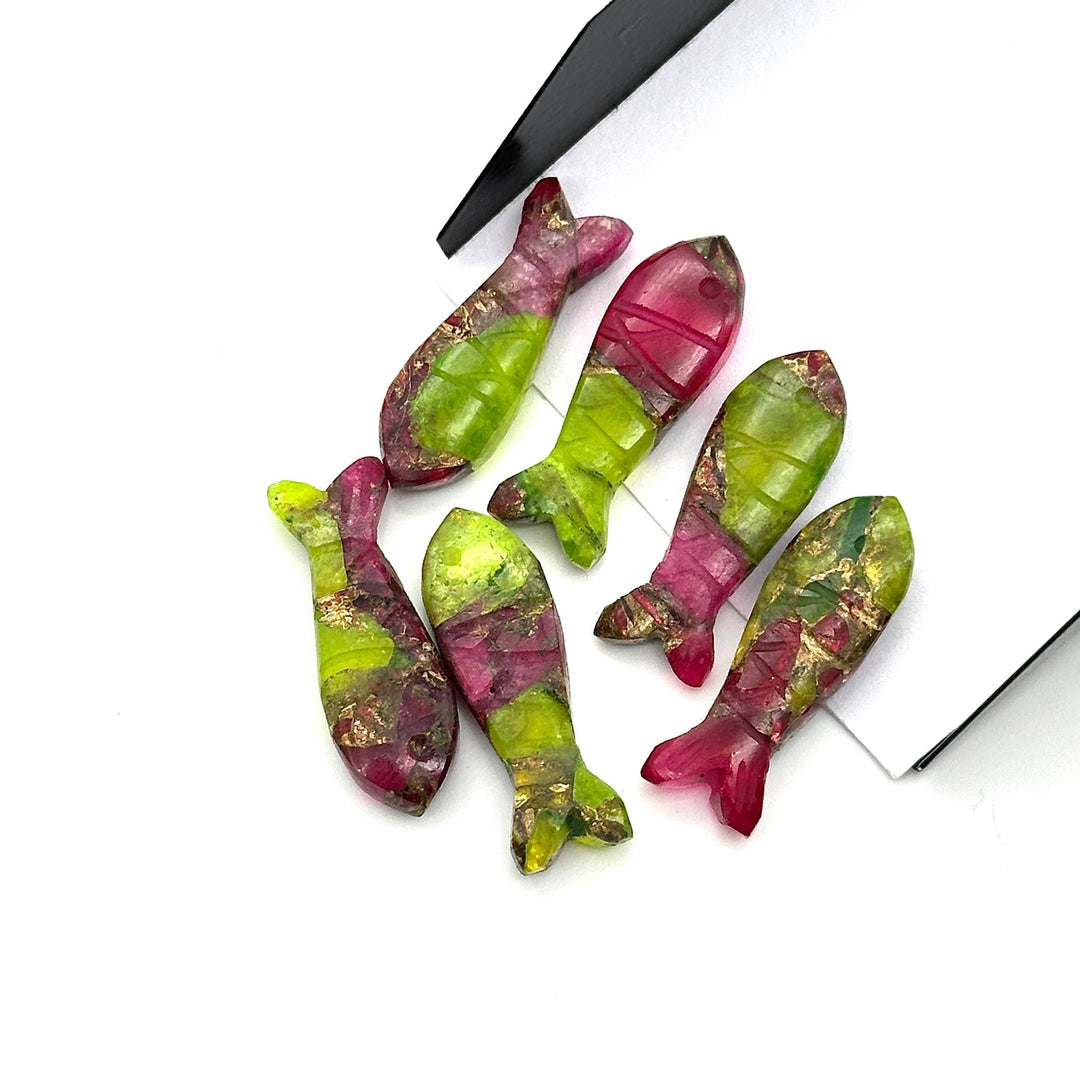 Carved Copper Turquoise Fish Charm: Neon Green & Hot Pink Briolette (25mm