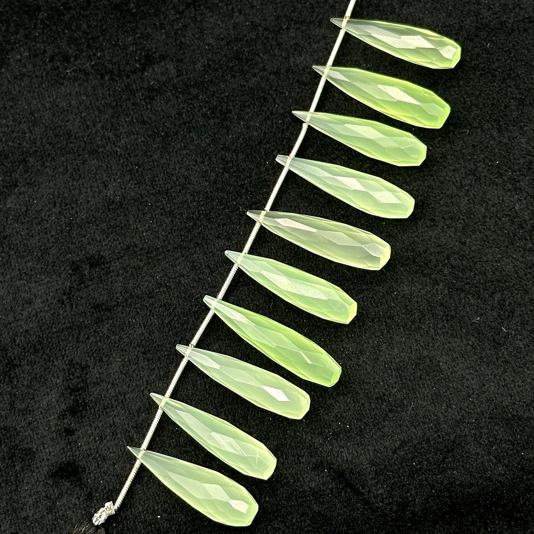 Green Chalcedony Long Drop Shape Briolette's, Faceted Teardrop Beads, 7X30 mm Green Color Drops For Earring Making, Matched Pairs