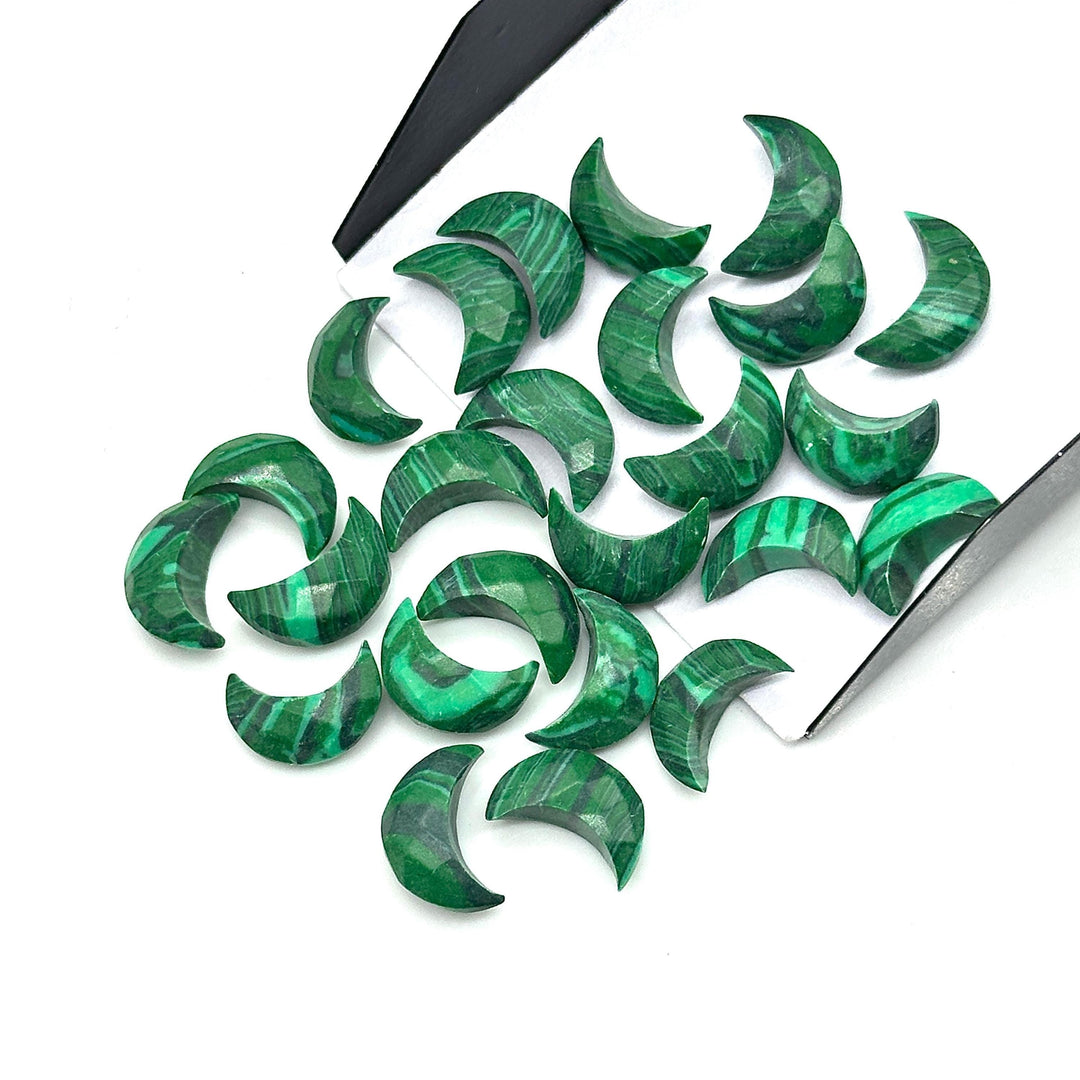 Carved Malachite Moon Beads: Faceted Green Gemstone Charms (12mm)