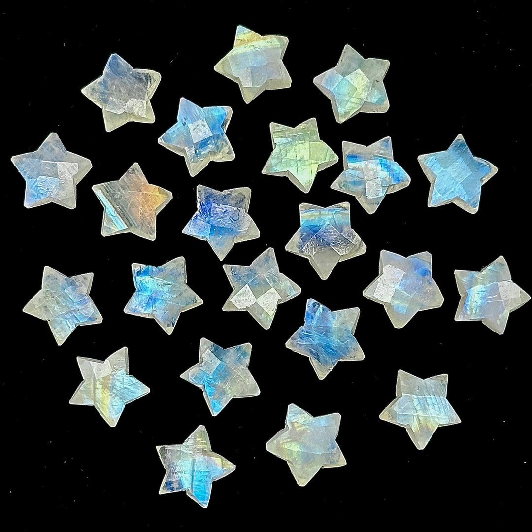 Natural Rainbow Moonstone Star Beads, Blue Flashy Carved Star Shape Briolette's, 10 MM Faceted Star Shape Charms, Loose Star Beads Crystal