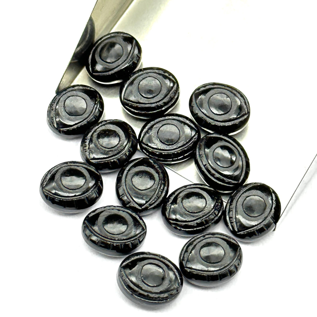 Black Onyx Evil Eye Beads, Natural Hand Carved Beads, Black Onyx Eye Shape Gemstone Beads, Evil Eye Protection Gemstone Beads, 10X12 MM